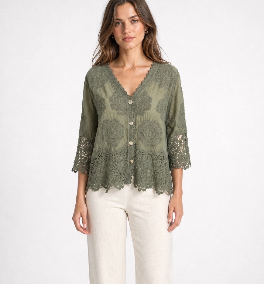 Embroidered Lace Button-Front Blouse
