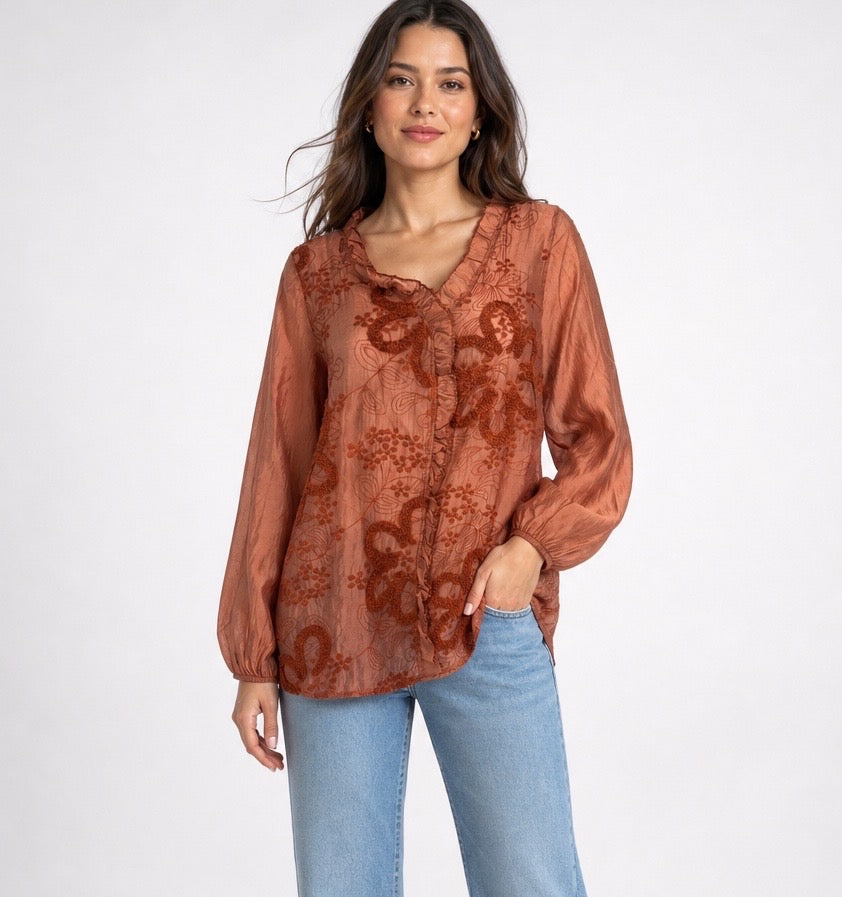 Embroidered Ruffle Neck Blouse