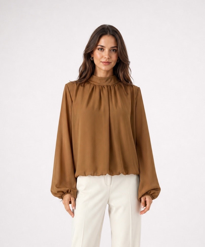 Gathered High Neck Bubble Hem Blouse