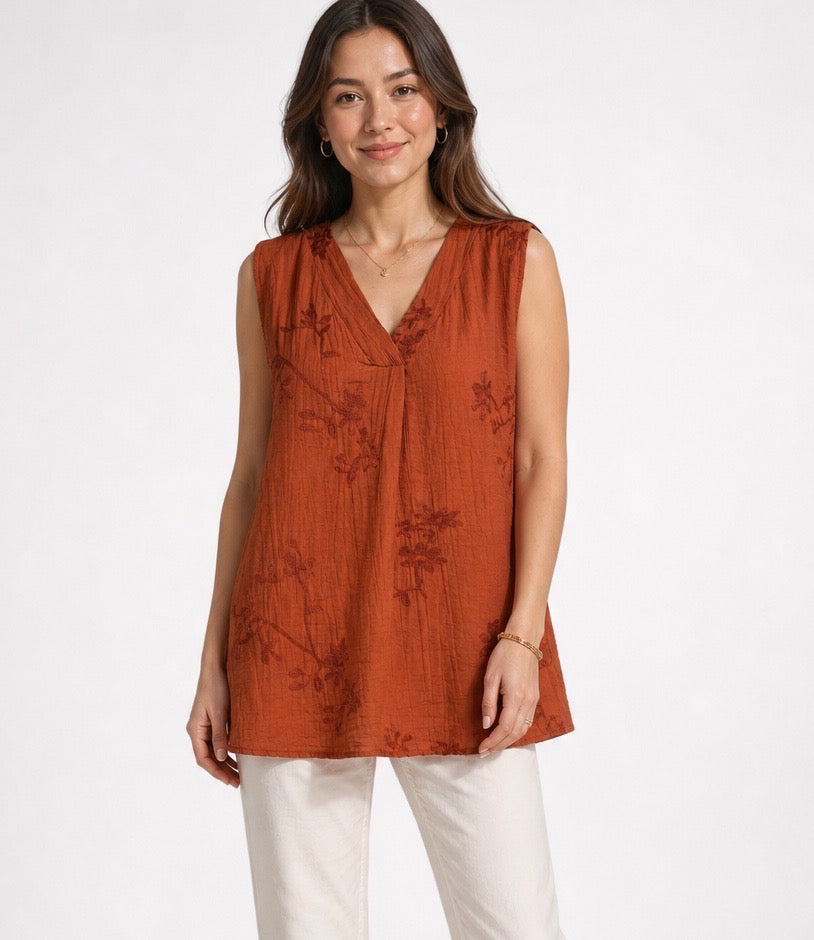 Embroidered Sleeveless V-Neck Tunic