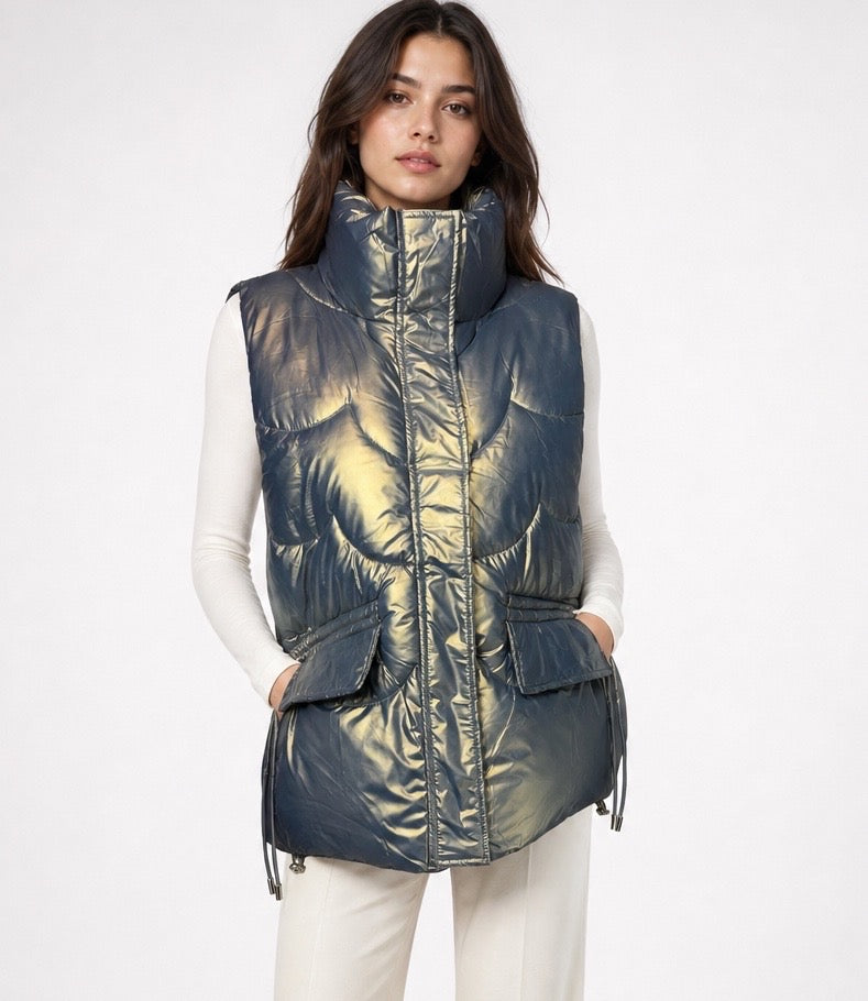 Metallic High Neck Puffer Vest