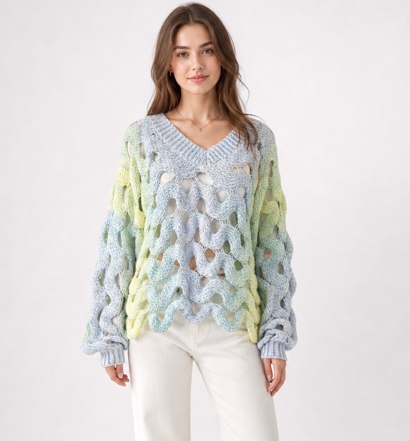 Wavy Open-Knit V-Neck Jumper