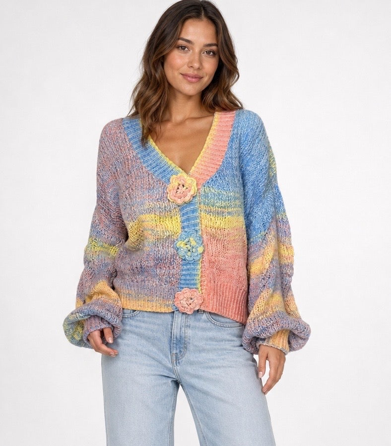 Marbled Stripe Floral Button Cardigan