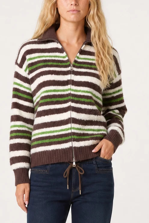 Striped Zip-Up Cost Fleece Knit Jacket