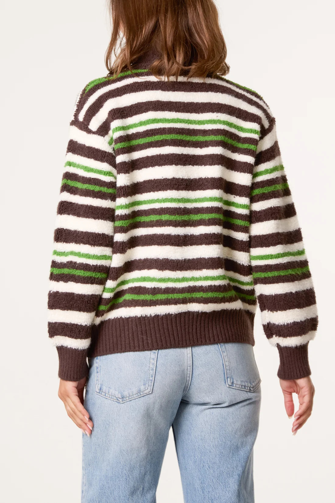 Striped Zip-Up Cost Fleece Knit Jacket