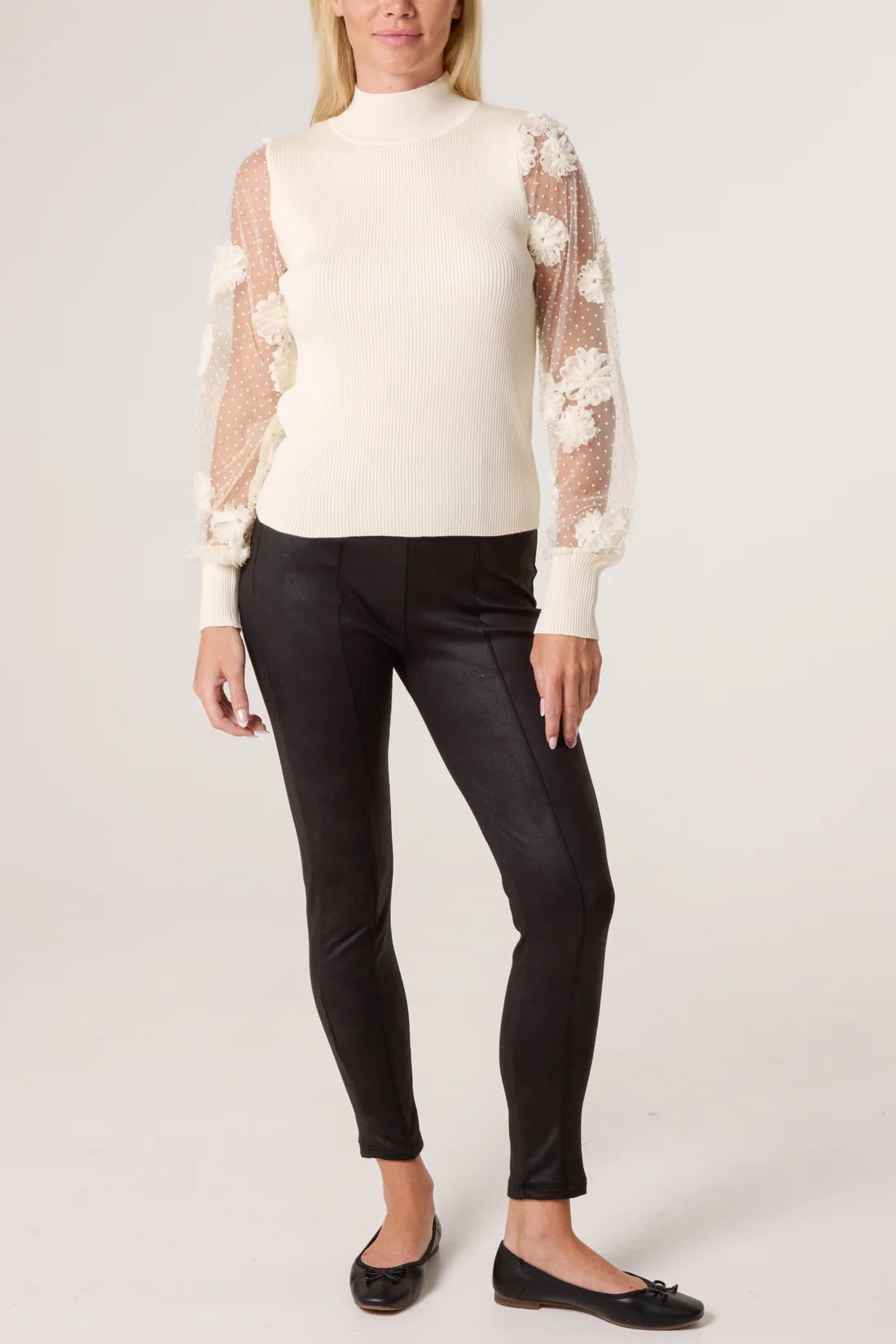 Mock Neck Sweater with Floral Sheer Sleeves