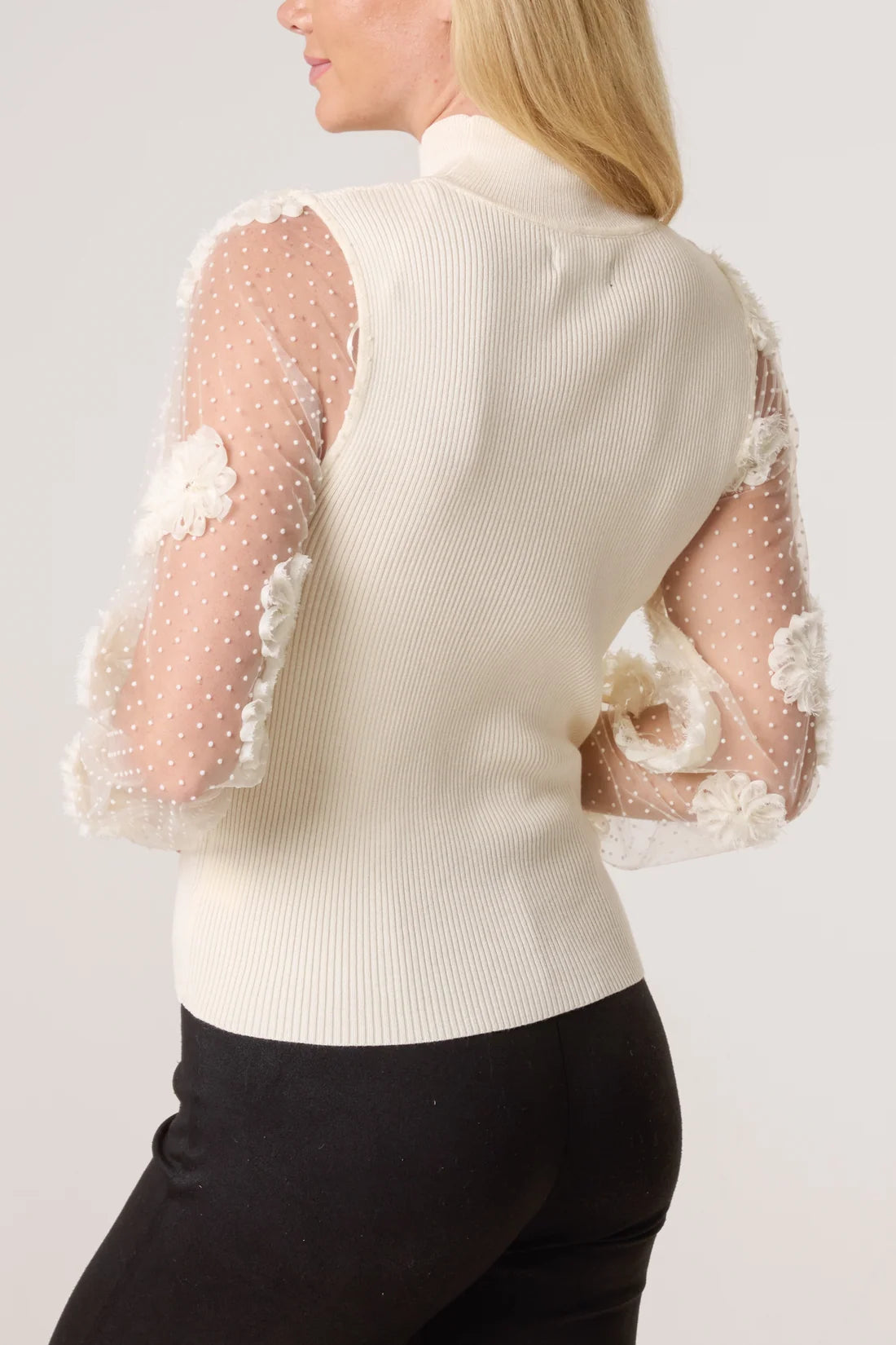 Mock Neck Sweater with Floral Sheer Sleeves