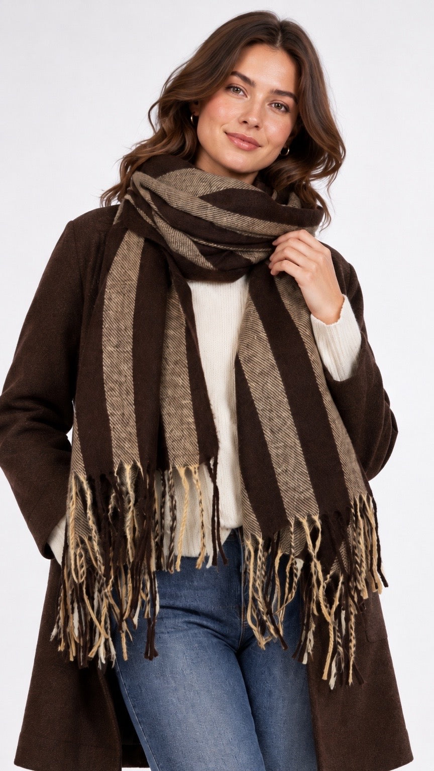 Striped Wool Blend Fringed Scarf