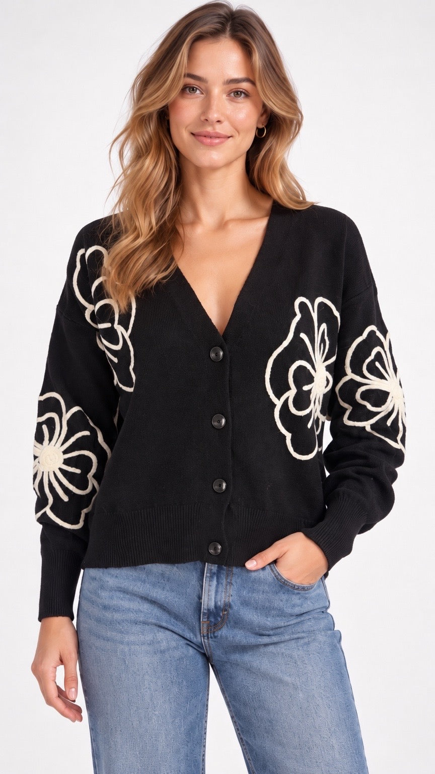 Floral Embroidered V-Neck Cardigan