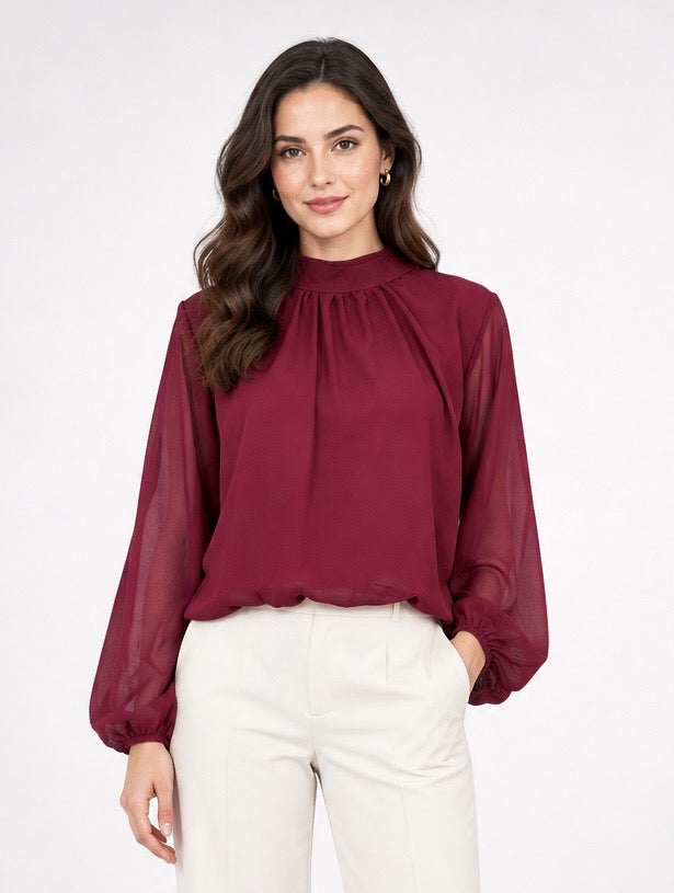 Sheer Blouson Top with Gathered Neckline