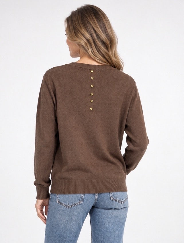 Heart Button Back Crew Neck Jumper