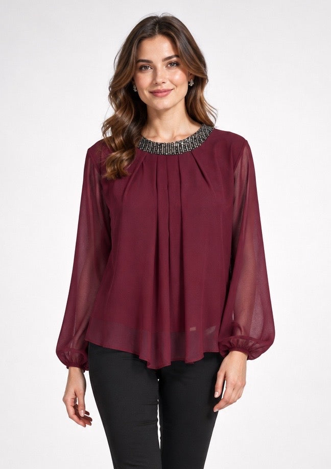 Embellished Neckline Chiffon Blouse
