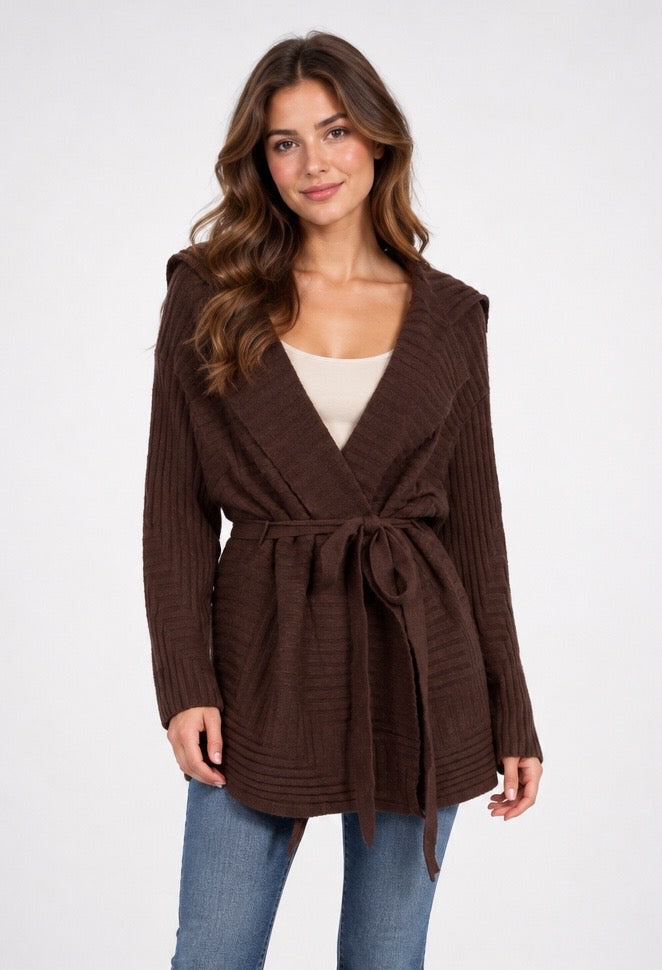 Hooded Belted Knit Cardigan