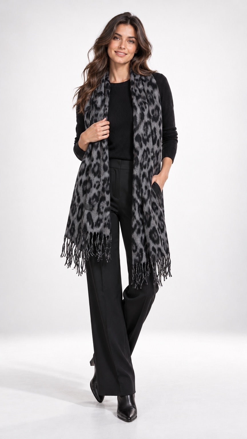 Leopard Print Scarf with Fringed Hem