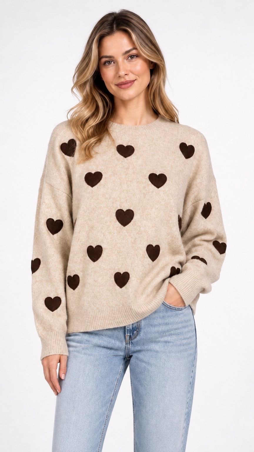 Textured Heart Motif Knit Sweater