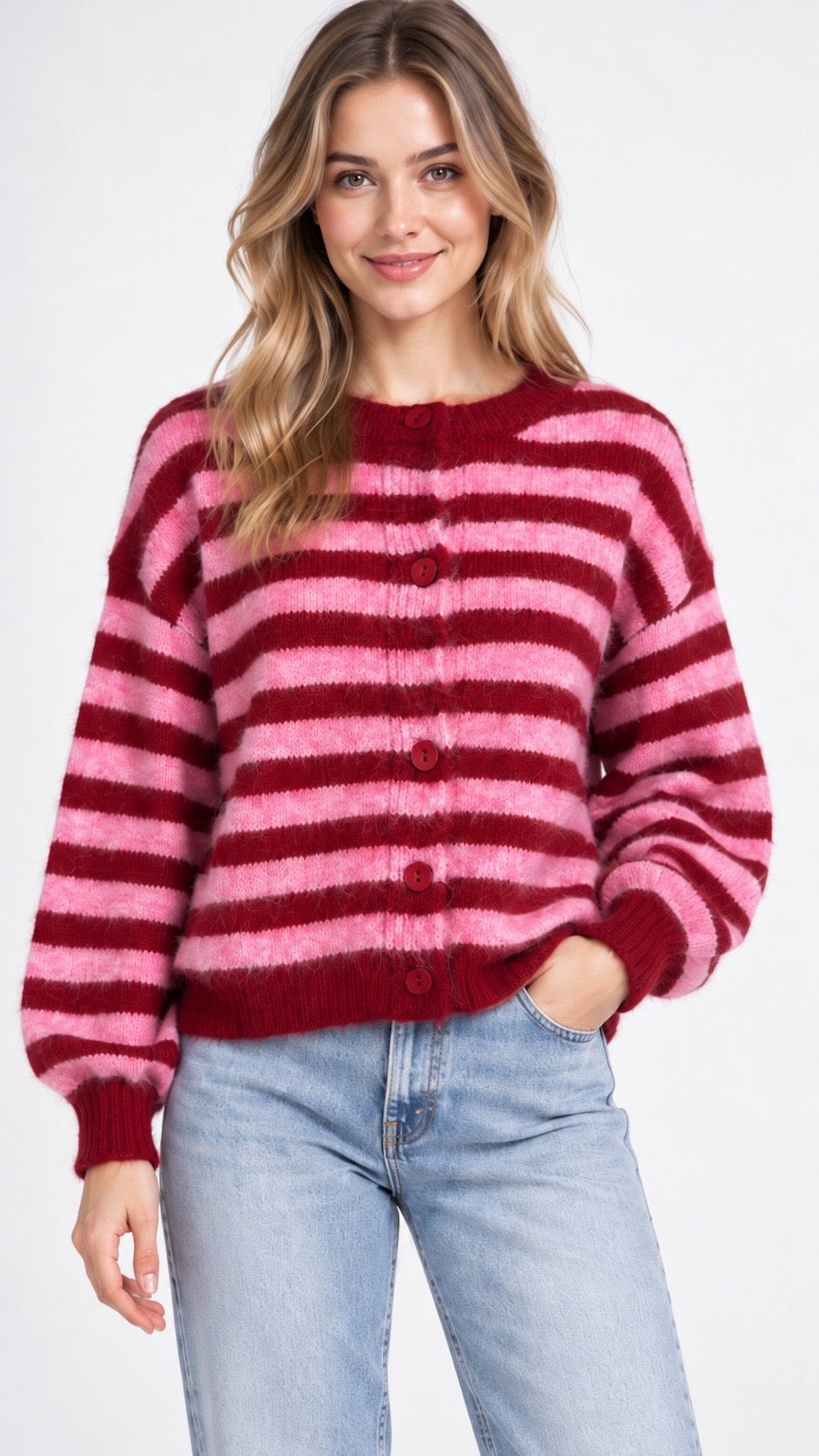 Striped Knit Button-Down Wool Cardigan