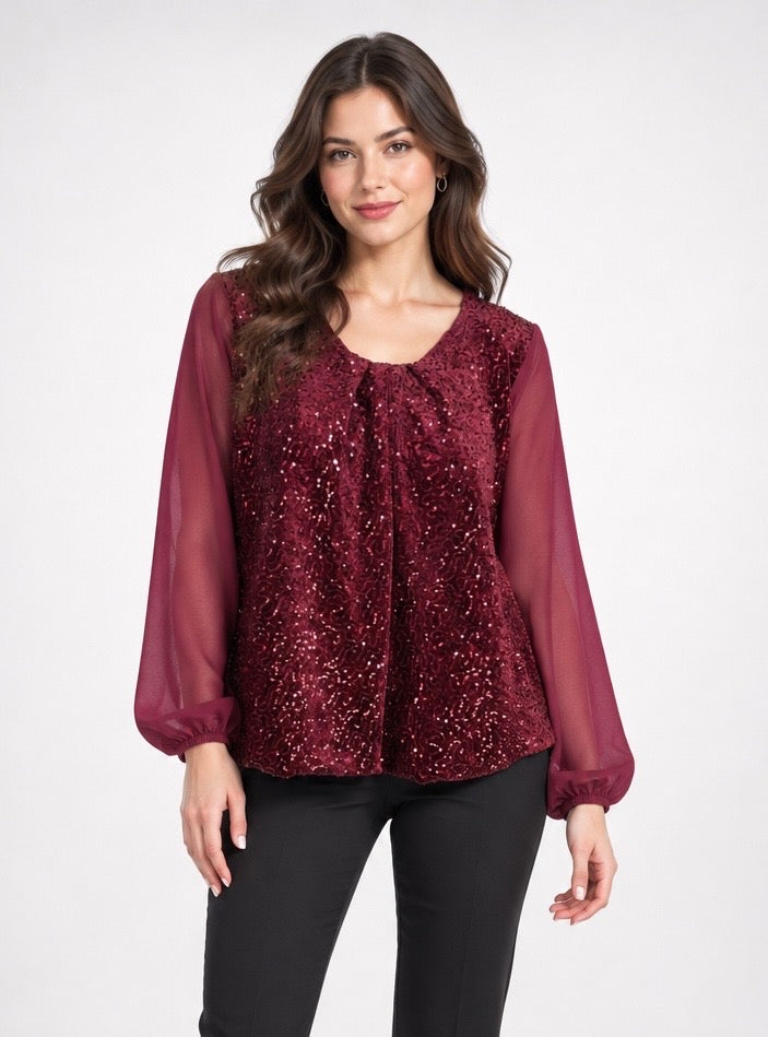 Sequin & Sheer Sleeve Top