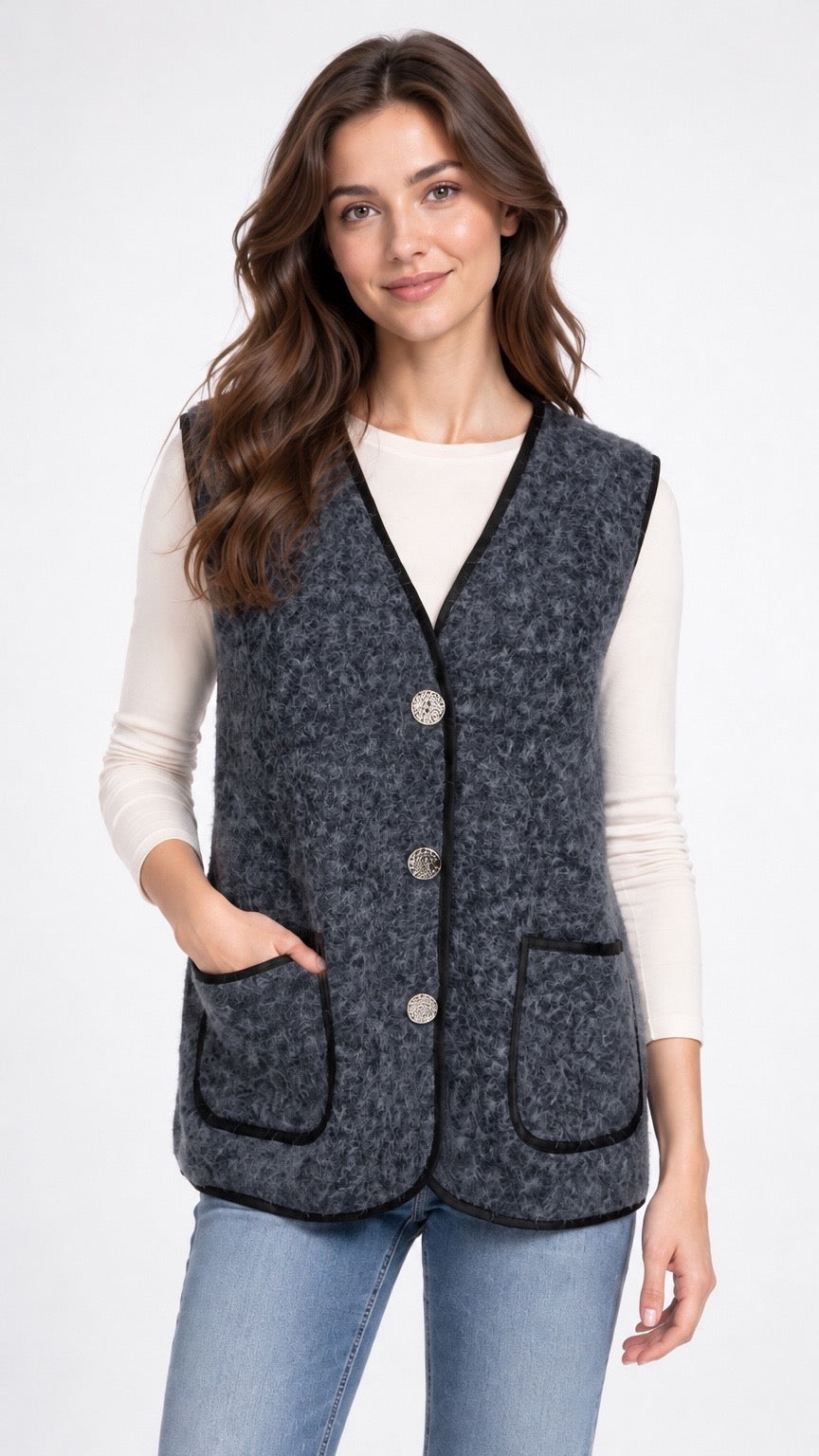 Textured Button Vest with Faux Leather Trim - Mixed Pack