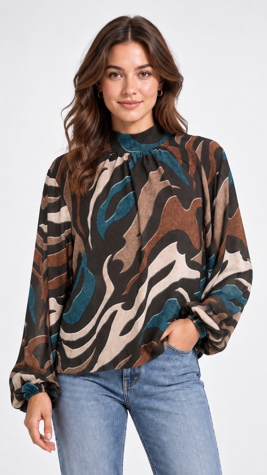 Abstract Print High Neck Blouse
