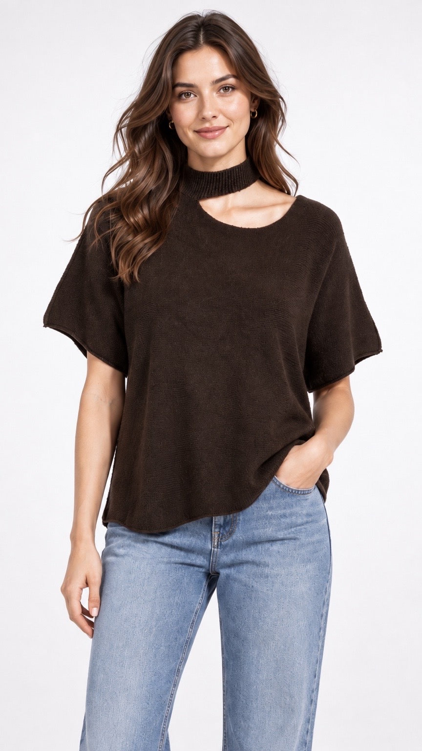 Cut-out Neck Ribbed Knit Sweater