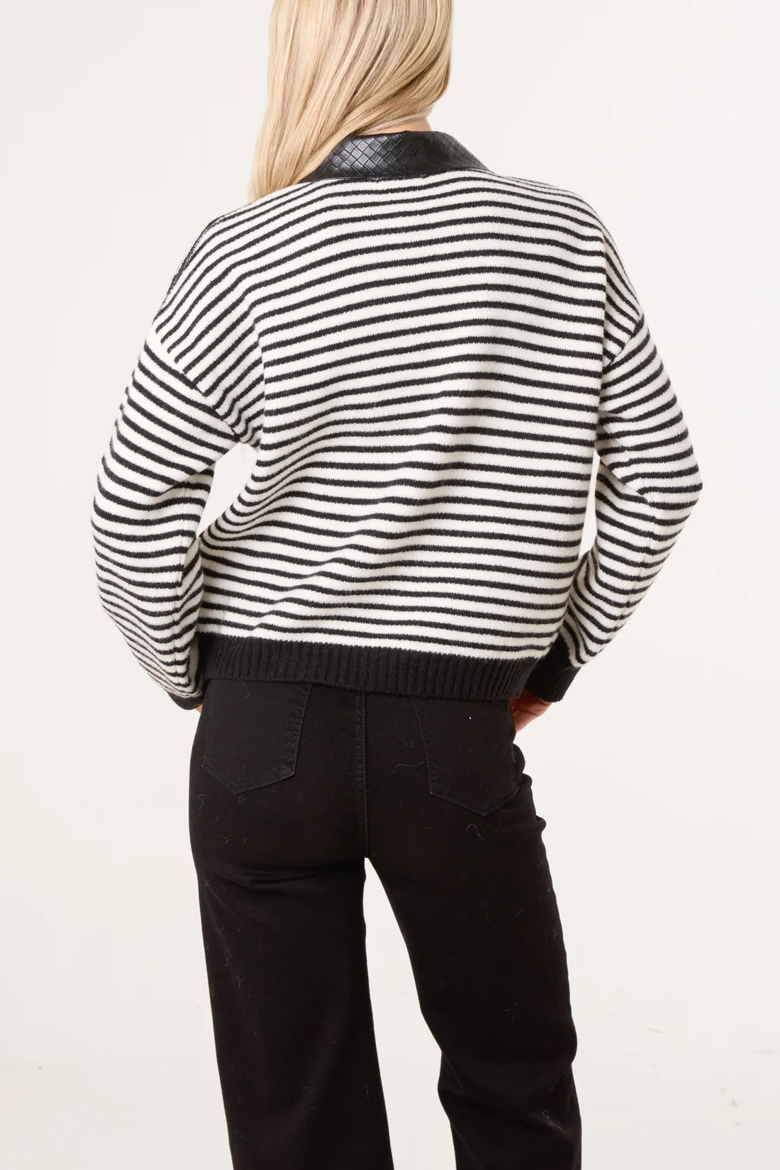 Striped Knit Jumper with Faux Leather Collar