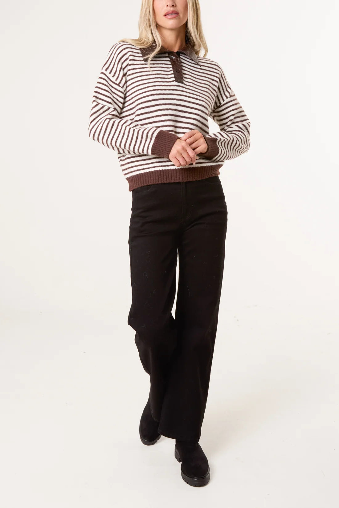 Striped Jumper with Faux Leather Collar