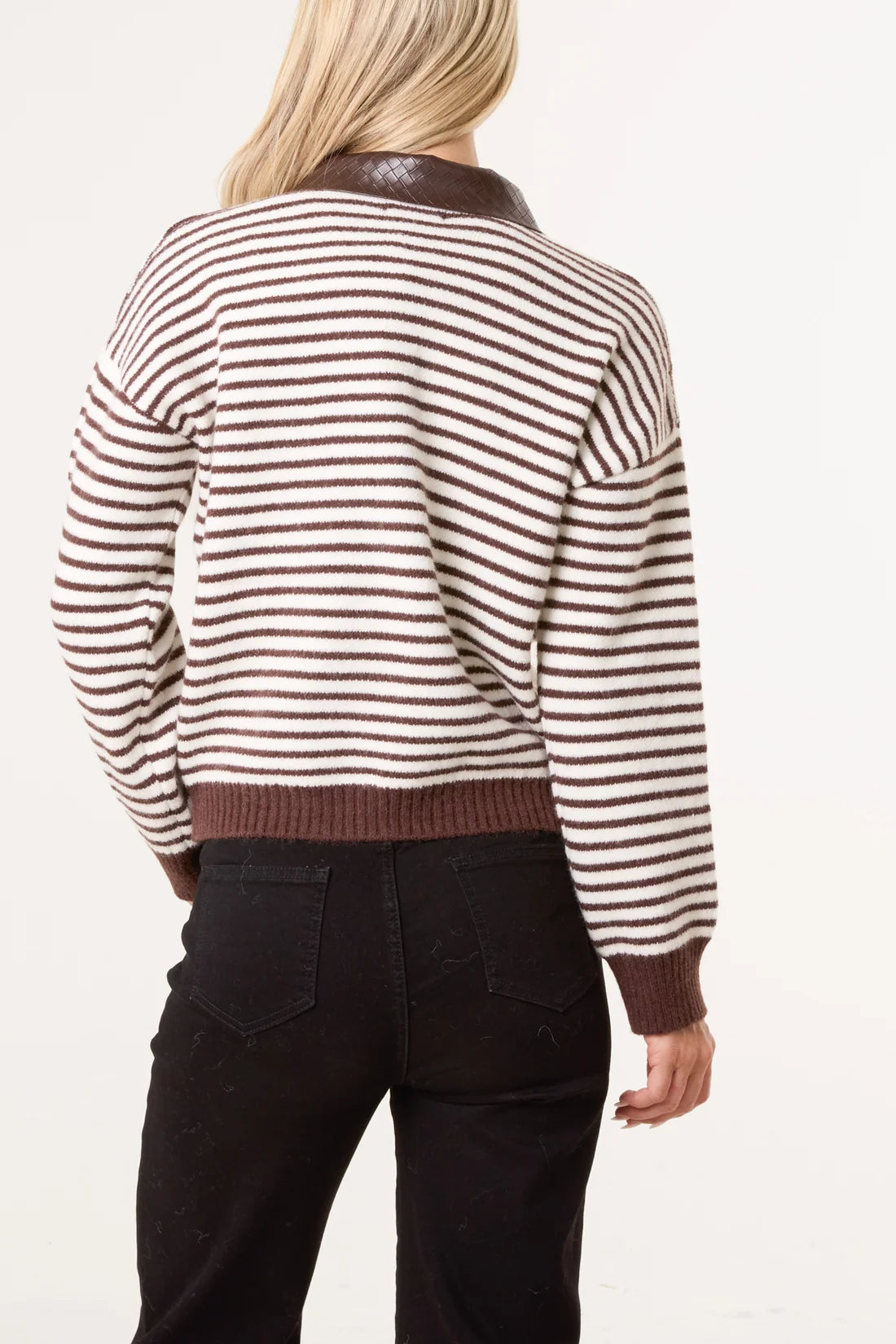 Striped Jumper with Faux Leather Collar