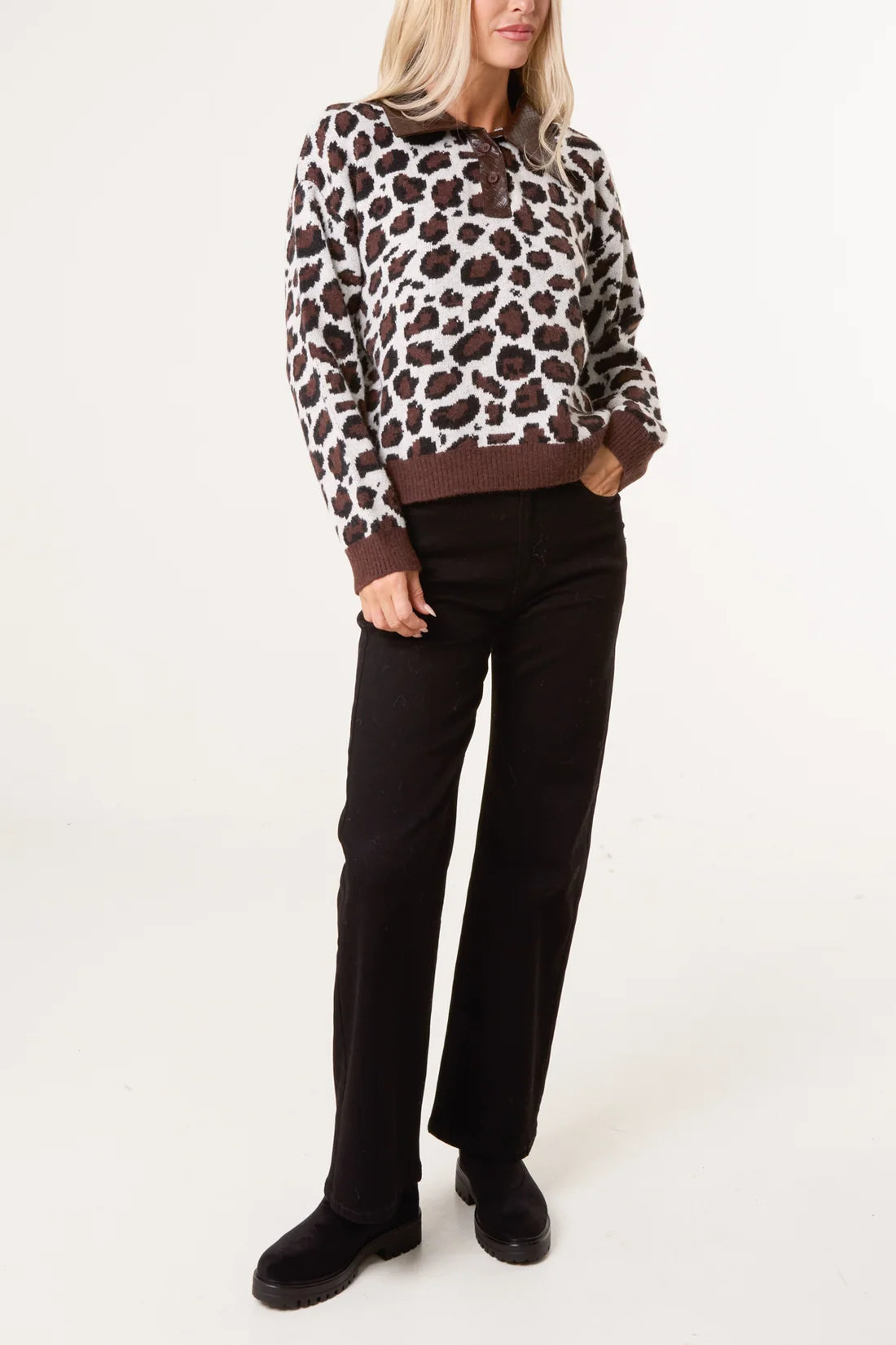 Leopard Print PU Collared Knit Sweater