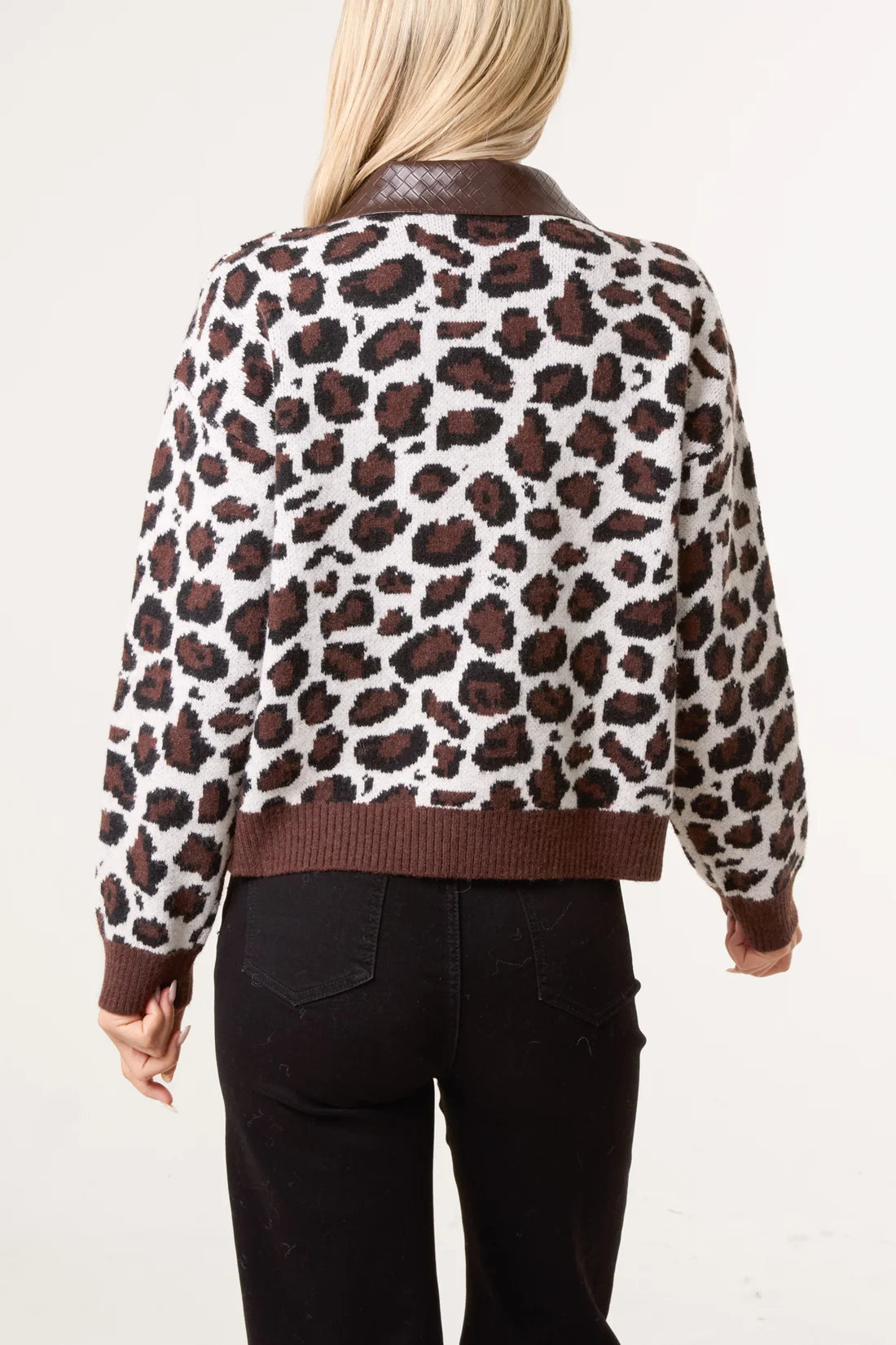 Leopard Print PU Collared Knit Sweater
