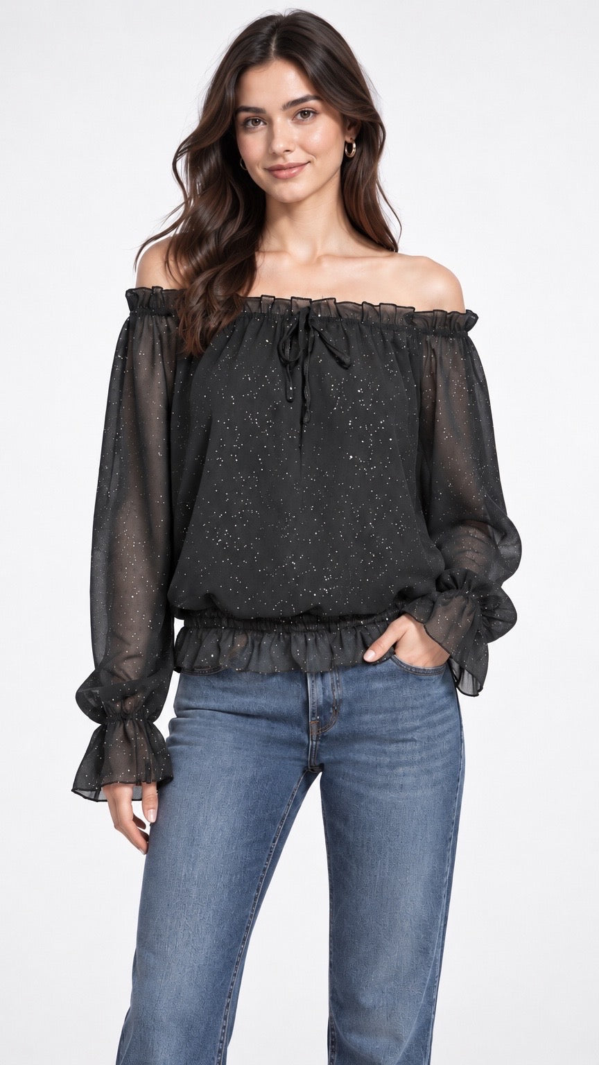 Glitter Dot Off-the-Shoulder Blouse