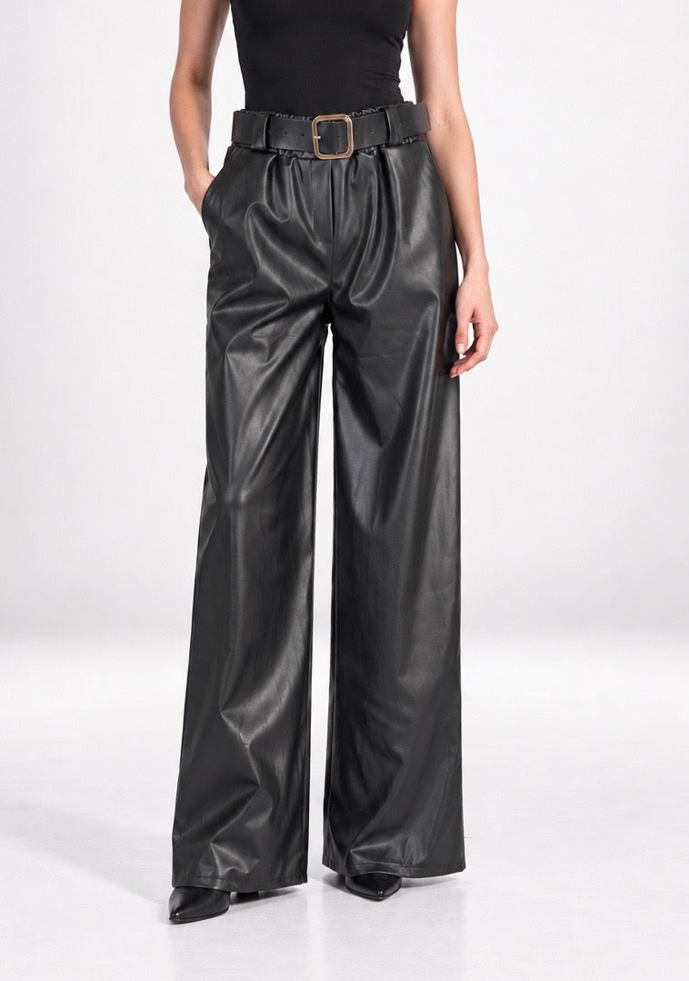 Faux Leather Wide-Leg Trousers