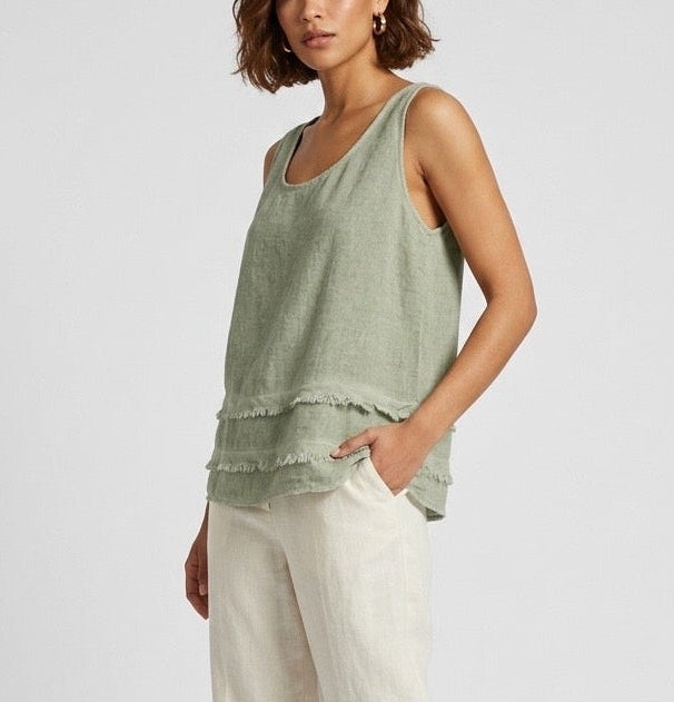Tiered Frayed Hem Linen Blend Top