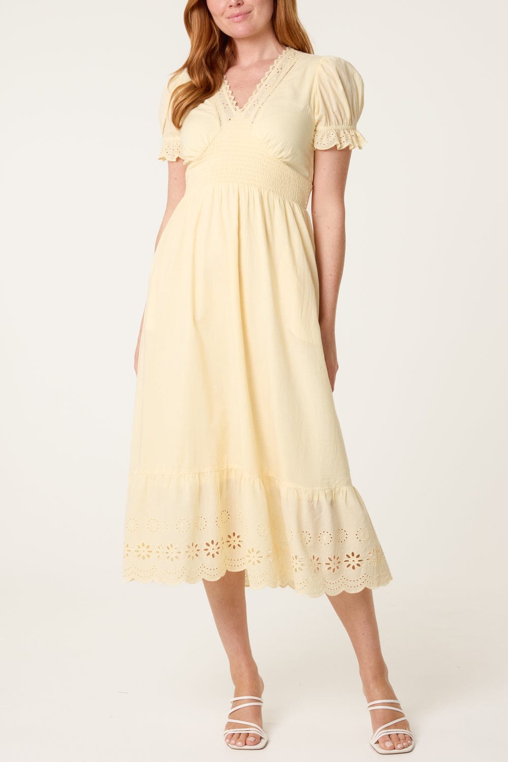 Shirred Bodice Eyelet Trim Midi Dress Lemon