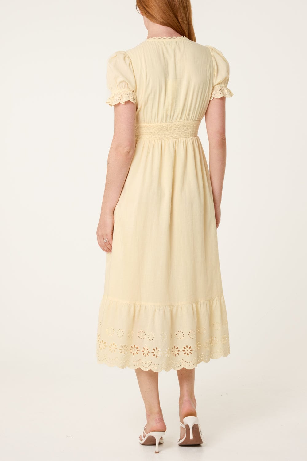 Shirred Bodice Eyelet Trim Midi Dress Lemon