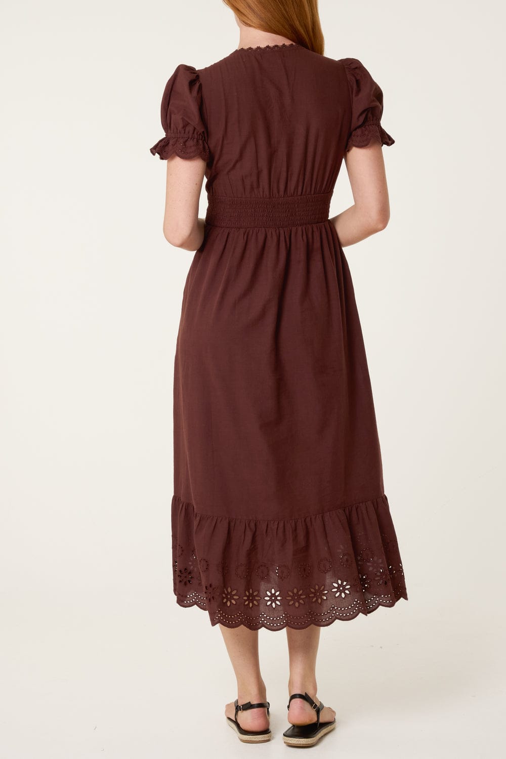 Shirred bodice Eyelet Midi Dress Chocolate