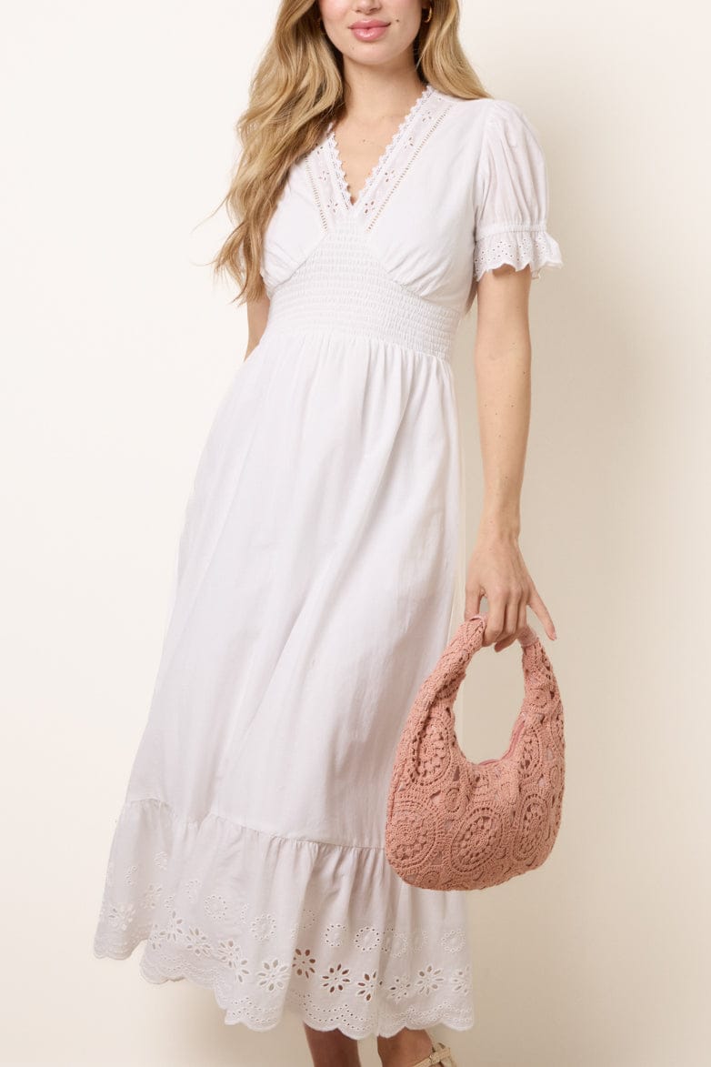Shirred bodice eyelet trim Midi Dress Ivory