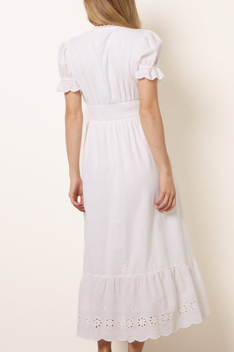 Shirred bodice eyelet trim Midi Dress Ivory