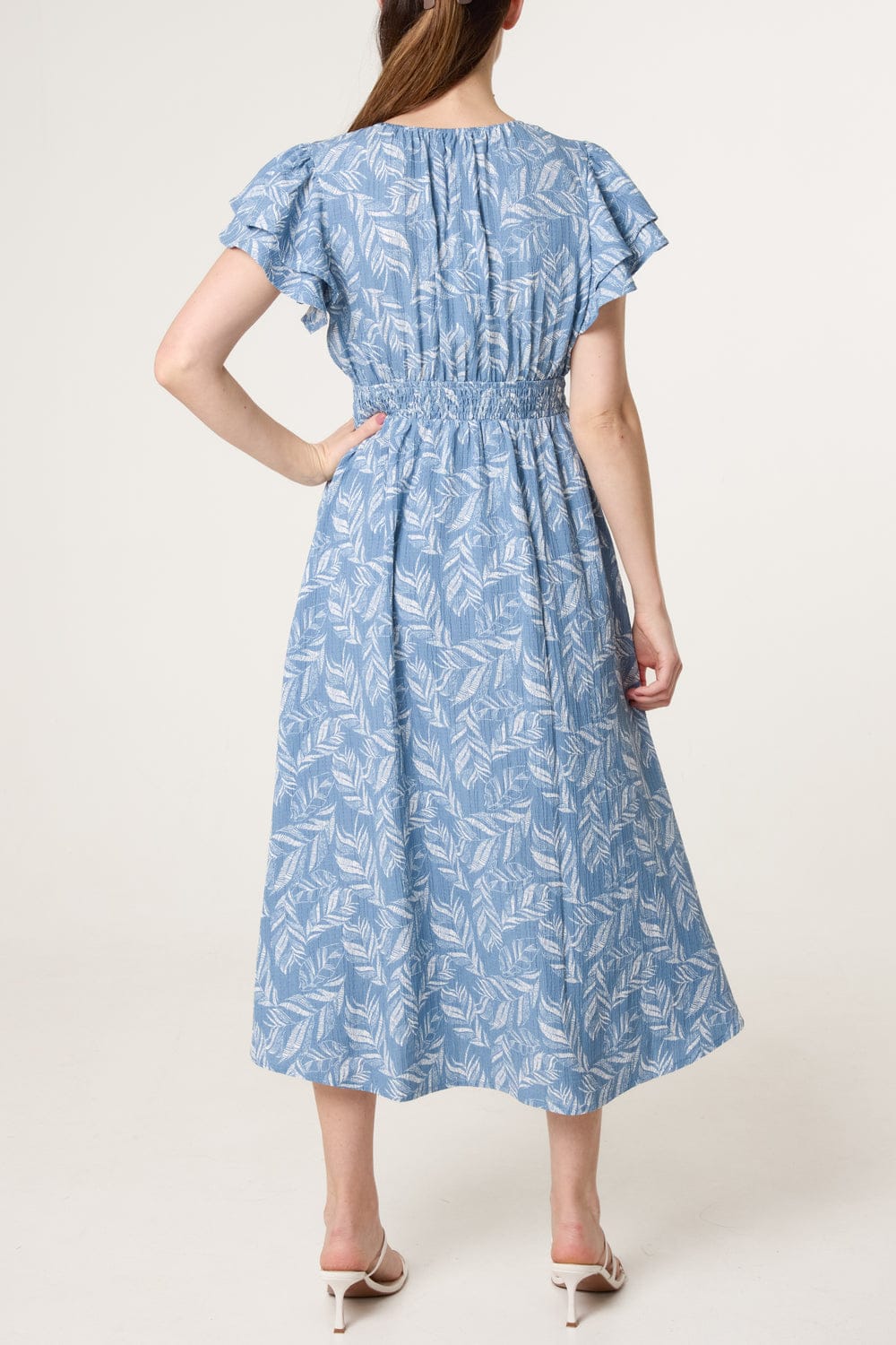 Leaf Print Midi Dress with Flutter Sleeves