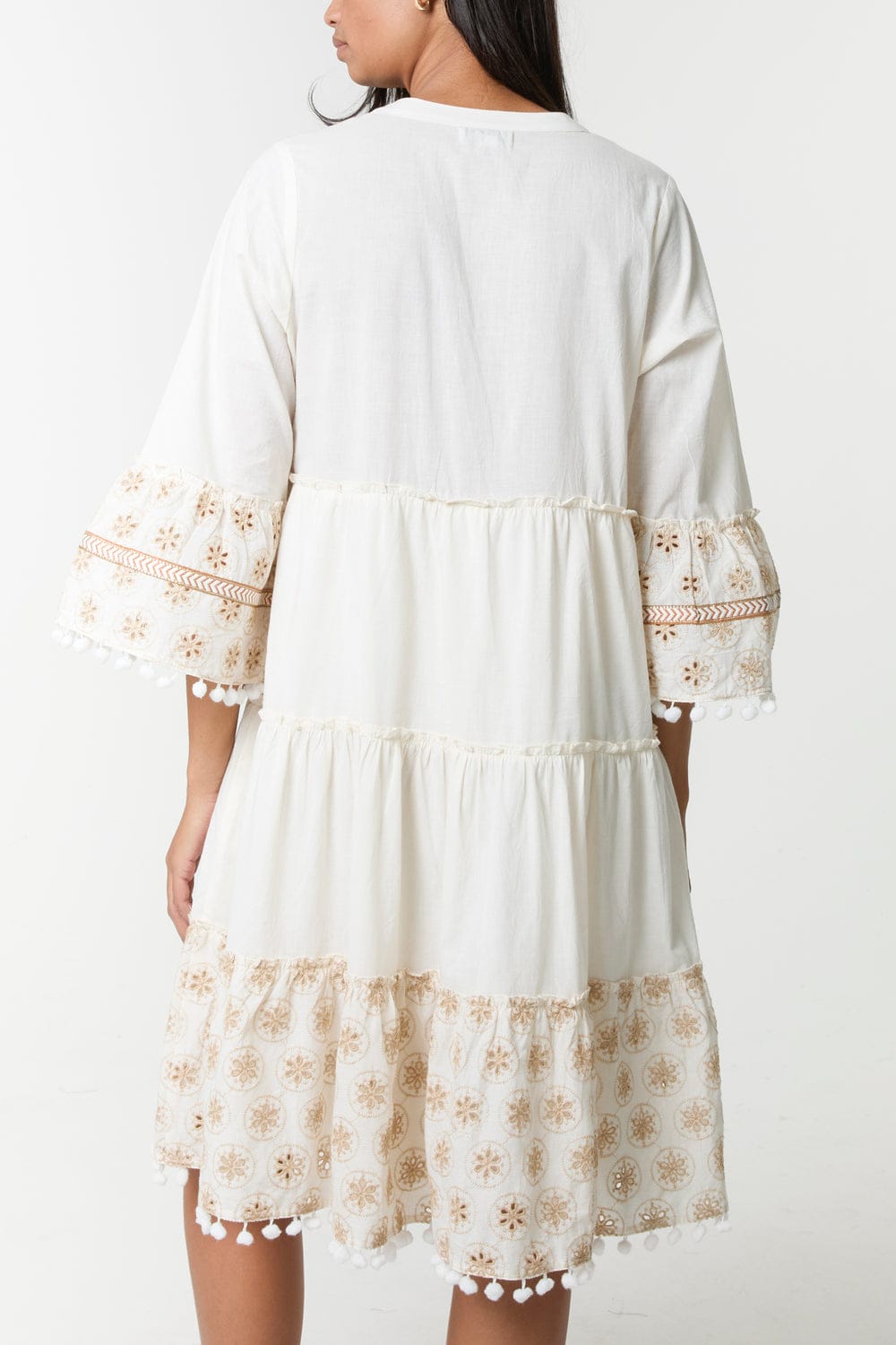 Embroidered Tiered Midi Dress with Pom-Pom Trim
