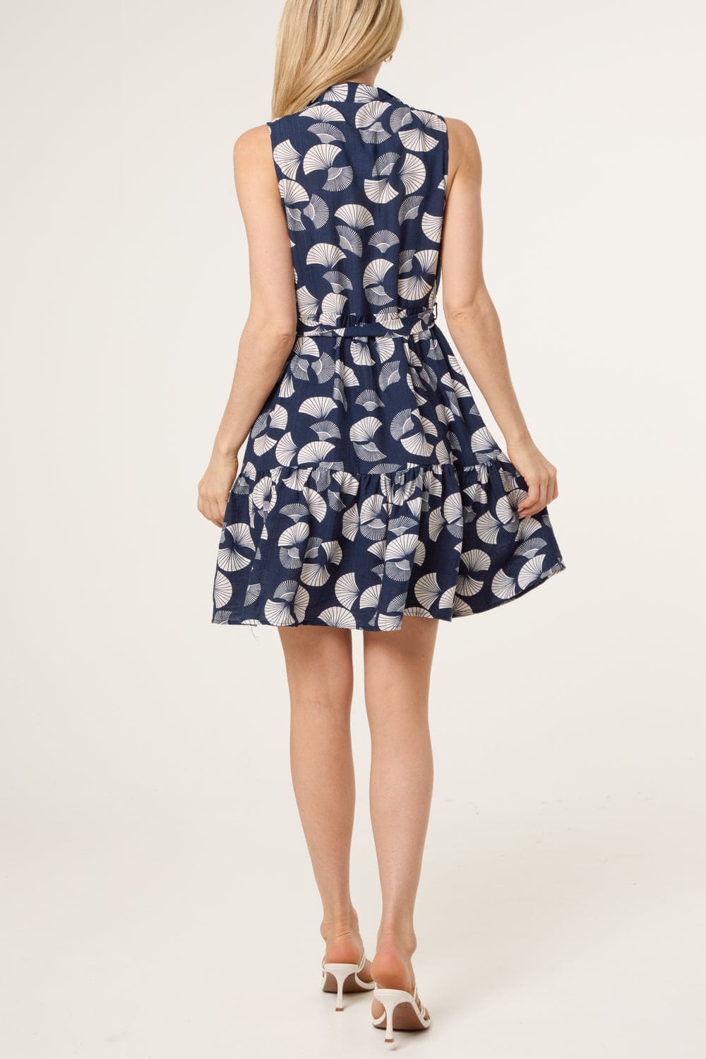 Sleeveless Tiered Shirt Dress with Fan Print