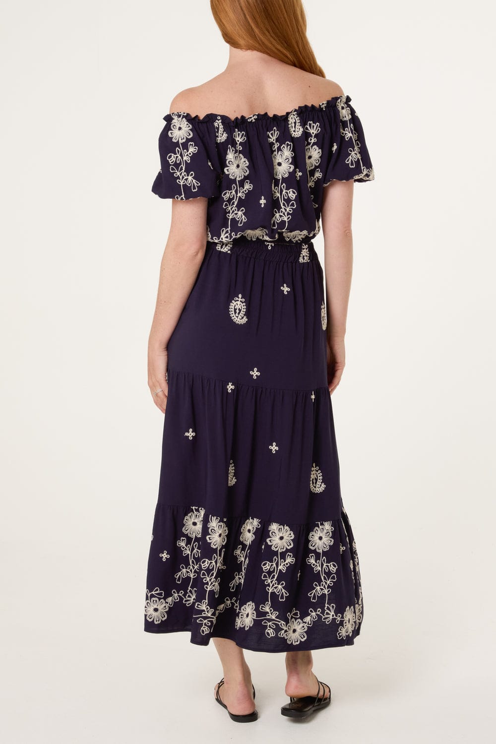 Embroidered Bardot Crop Top and Tiered Maxi Skirt Co-Ord