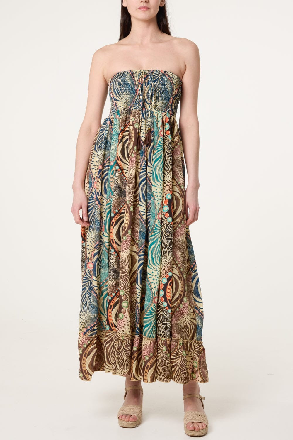 Exotic Print Strapless Maxi Dress