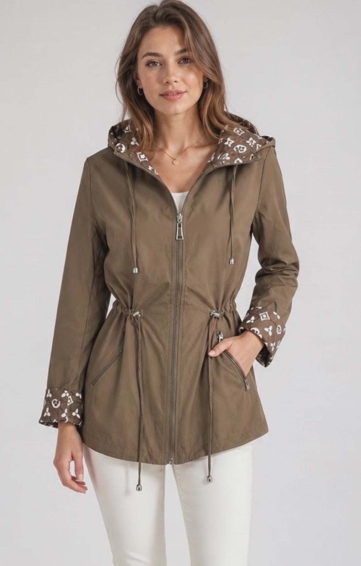 Hooded Drawstring Waist Jacket - Chocolate Video