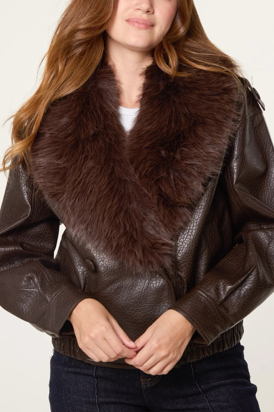 Faux Fur Collar Button Up Jacket - Chocolate (2)
