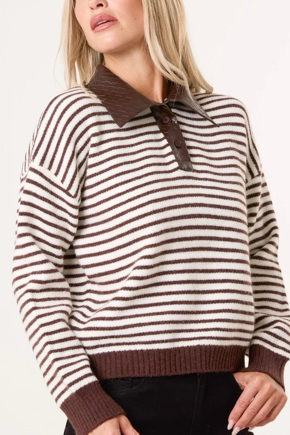 Striped Jumper with Faux Leather Collar - Chocolate