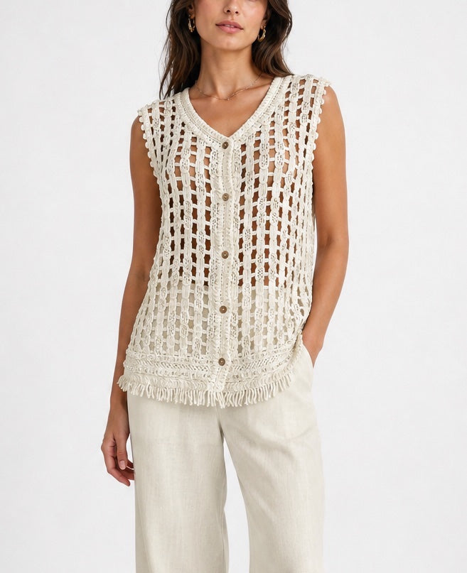 Woven Sleeveless V-Neck Top with Fringed Hem - Mixed Pack