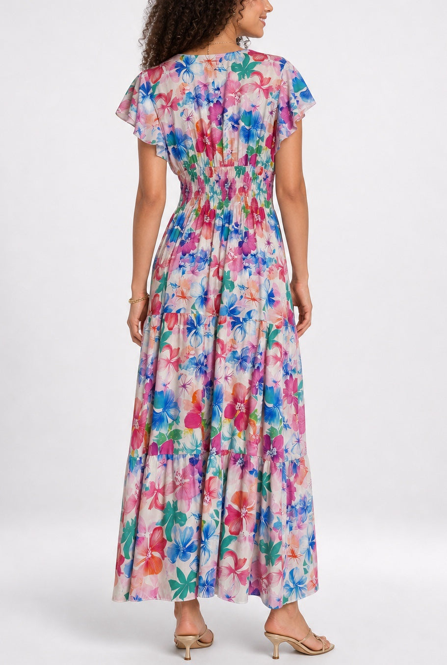 Floral Maxi Dress with Smocked Bodice and Ruffle Sleeves 962-L5 - Multi (2)