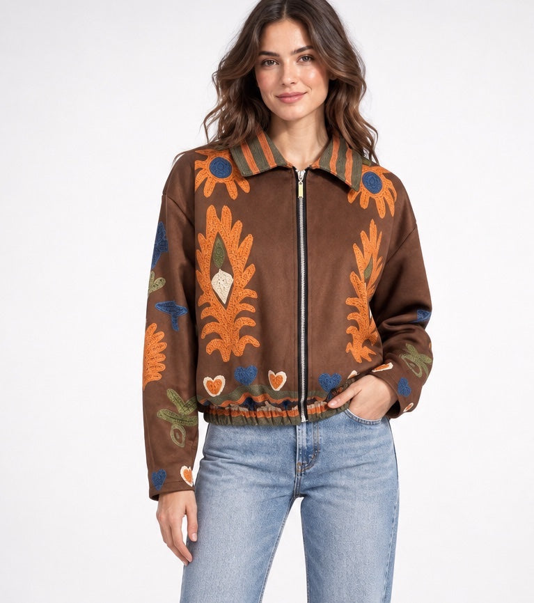 Embroidered Folk Bomber Jacket - Chocolate
