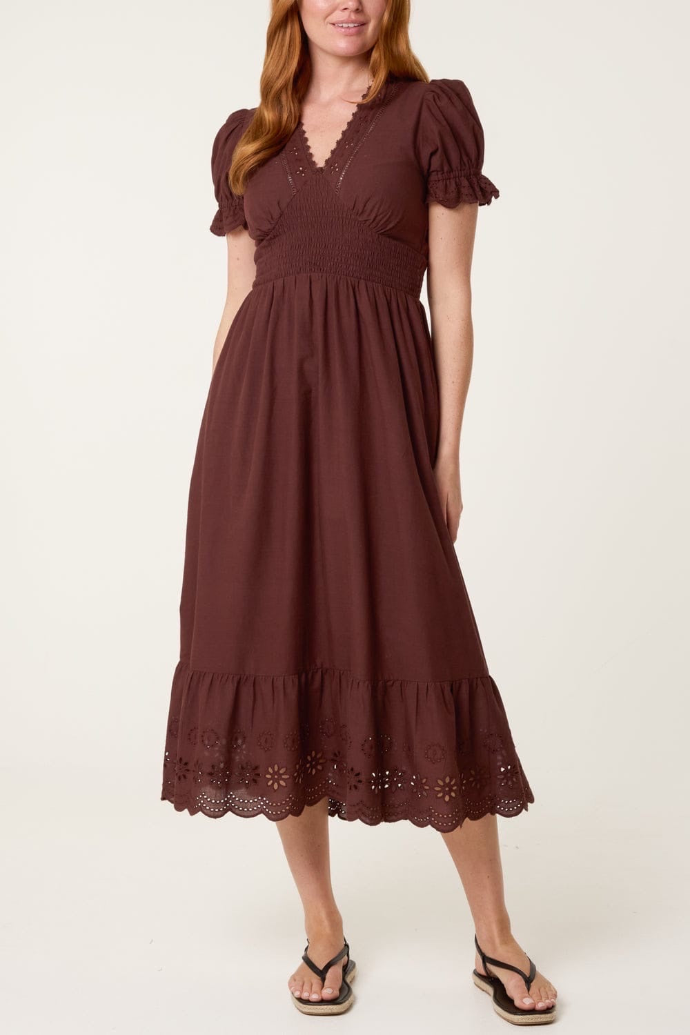 Shirred bodice Eyelet Midi Dress Chocolate  - Chocolate