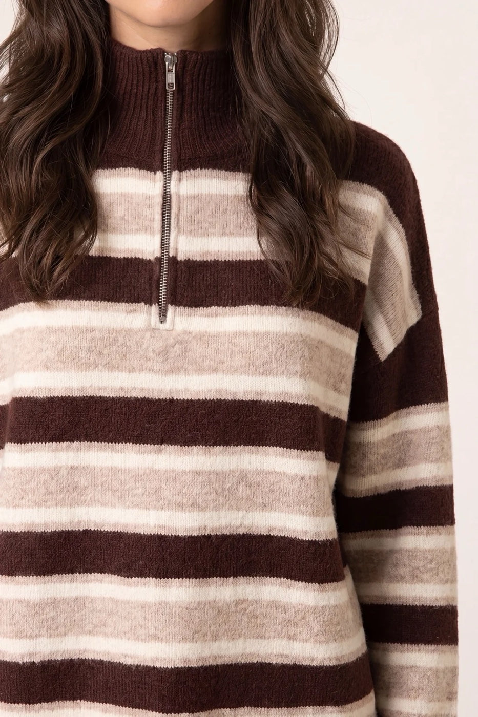 Striped Zip Neck Jumper - Chocolate (2)